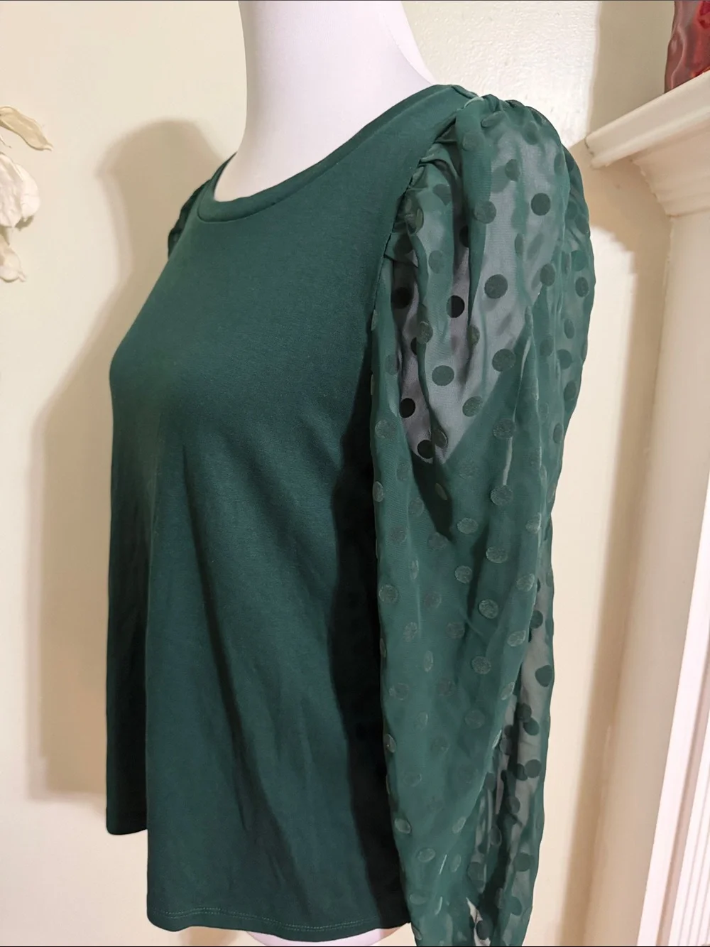 LOFT Dark Green Puff Sleeve Knit Top